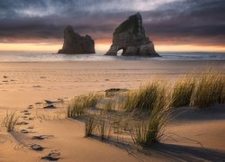 Nowa Zelandia, Morze Tasmana, Plaża, Wharariki Beach, Wybrzeże, Skały, Trawa, Ślady, Chmury