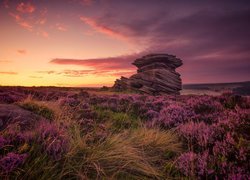 Anglia, Hrabstwo Derbyshire, Park Narodowy Peak District, Formacja skalna Salt Cellar, Wzgórza, Kamienie, Wrzosowisko, Skały, Zachód słońca