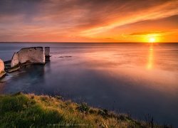 Zachód słońca, Morze, Skały, Old Harry Rocks, Wybrzeże, Półwysep Purbeck, Anglia