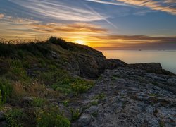 Morze, Zachód słońca, Skały, Pointe de la Varde, Saint Malo, Bretania, Francja