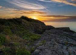 Morze, Zachód słońca, Skały, Pointe de la Varde, Saint Malo, Bretania, Francja