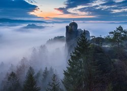 Niemcy, Park Narodowy Saskiej Szwajcarii, Wschód słońca, Góry Połabskie, Skały, Mgła, Drzewa