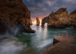 Morze, Skały, Zachód słońca, Cypel Ponta da Piedade, Portugalia