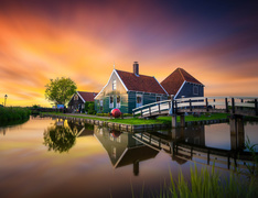 Holandia, Skansen Zaanse Schans, Rzeka, Most, Budynki, Zachód słońca, Domy