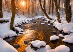 Zima, Las, Śnieg, Drzewa, Rzeka, Kamienie, Słońce