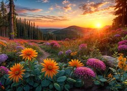 Słońce nad górami i ścieżka wśród kwiatów