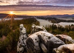 Skały, Góry Połabskie, Drzewa, Słońce, Park Narodowy Saskiej Szwajcarii, Niemcy