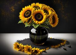 Słoneczniki w szklanym wazonie w 2D