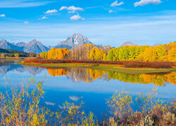 Stany Zjednoczone, Stan Wyoming, Góry, Teton Range, Rzeka Snake River, Park Narodowy Grand Teton, Drzewa, Odbicie