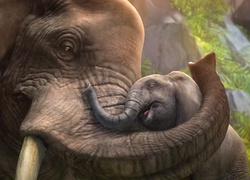 Słoniątko przytulone do mamy słonicy