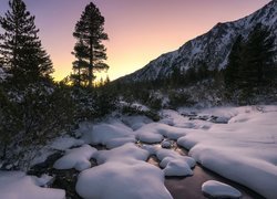 Słowacja, Góry, Tatry, Drzewa, Rzeka, Śnieg