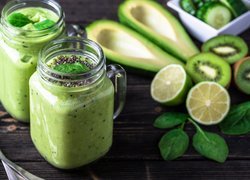 Napój, Smoothie, Słoiki, Awokado, Kiwi, Limonki, Zielone, Owoce,  Łyżeczki, Deski