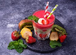 Napój, Smoothie, Szklanka, Słomki, Owoce, Banan, Truskawki, Kiwi, Mięta