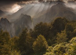 Smugi przebijającego słońca nad zamglonymi górami