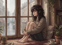 Anime, Smutna, Dziewczyna, Smutek, Okno, Deszcz, Kwiaty, Doniczki