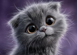 Smutny szary kotek z dużymi oczami na fioletowym tle