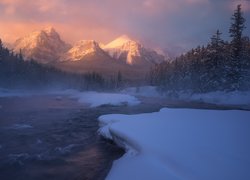 Zima, Góry, Rzeka, Las, Drzewa, Mgła, Chmury, Kanada