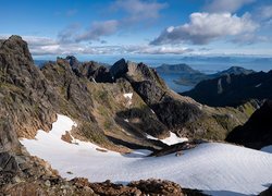 Norwegia, Lofoty, Góry, Zima, Śnieg, Niebo, Chmury