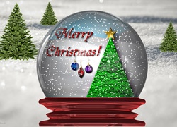 Śnieżna kula z choinką i życzeniami świątecznymi
