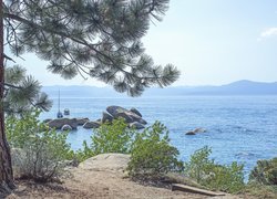 Jezioro Tahoe, Sosna, Skały, Motorówki, Stany Zjednoczone