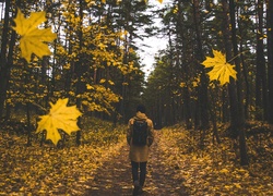 Spacer jesienną ścieżką w parku wśród spadających liści