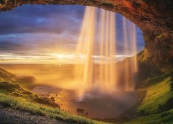 Skały, Wodospad Seljalandsfoss, Zachód słońca, Islandia