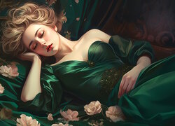 Śpiąca, Kobieta, Zielona, Suknia, Grafika