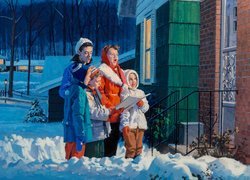 Śpiewające dzieci przed domem na obrazie Gordona Johnsona
