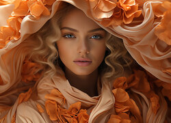 Spojrzenie blondwłosej kobiety udekorowanej kwiatami