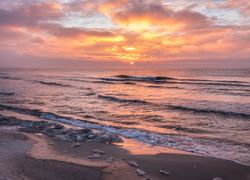 Morze, Wschód słońca, Fale, Plaża