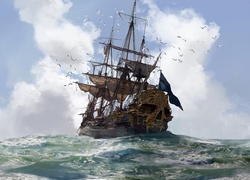 Statek piracki kołyszący się na falach w grze komputerowej Skull and Bones