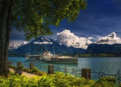 Szwajcaria, Jezioro Thunersee, Statek, Góry