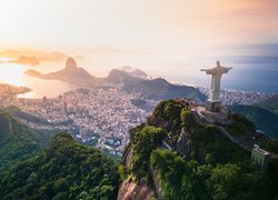 Brazylia, Rio de Janeiro, Ocean, Mgła, Domy, Góry, Statua Chrystusa Zbawiciela