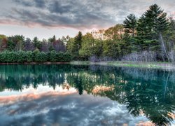 Staw, Thorne Pond, Drzewa, Chmury, Odbicie, Bartlett, Stan New Hampshire, Stany Zjednoczone