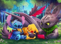 Filmy animowane, Lilo i Stich, Pokemon, Jak wytresować smoka, Postacie, Stich, Pikachu, Szczerbatek, Polana