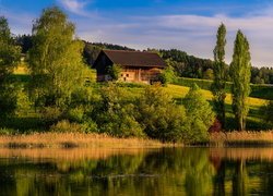 Stodoła na wzgórzu i drzewa nad jeziorem