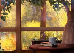 Stolik z książką i kubkiem przy oknie z widokiem na ogród