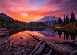 Stany Zjednoczone, Waszyngton, Park Narodowy Mount Rainier, Góra, Stratowulkan Mount Rainier, Jezioro, Lasy, Drzewa, Kłody, Zachód słońca