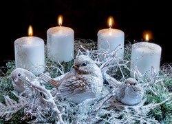 Stroik adwentowy ze świecami i figurkami ptaków