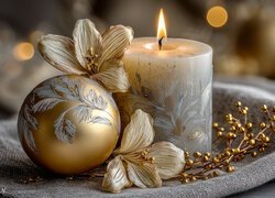 Stroik z zapaloną świecą i złotą bombką oraz kwiatami na tkaninie