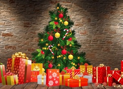 Świąteczna choinka z prezentami na tle muru