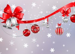 Grafika 2D, Świąteczna, Bombki, Dzwonki, Czerwona, Kokarda, Boże Narodzenie