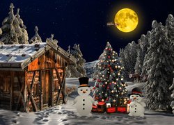 Zima, Śnieg, Świąteczne, Drzewa, Domek, Choinka, Bałwanki, Księżyc, Noc, Boże Narodzenie, 2D