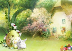 Świąteczna grafika z domem wśród drzew i królikiem z pisankami