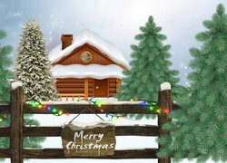 Zima, Drzewa, Choinki, Dom, Płot, Boże Narodzenie, Merry Christmas