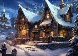 Zima, Domy, Święta, Drzewa, Światła, Wieczór, Śnieg