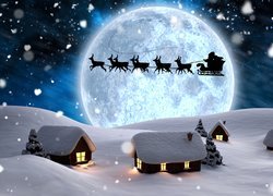 Świąteczno-zimowy krajobraz z Mikołajem i reniferami w blasku księżyca