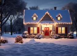 Boże Narodzenie, Zima, Dom, Światła, Noc, Grafika, 2D