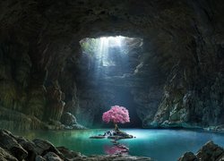 Jaskinia, Woda, Światło, Kwitnące, Drzewo, Grafika