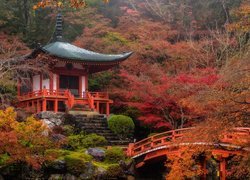 Japonia, Kioto, Kompleks świątynny Daigo-ji, Świątynia Benten-dō, Mostek, Staw, Jesień, Drzewa